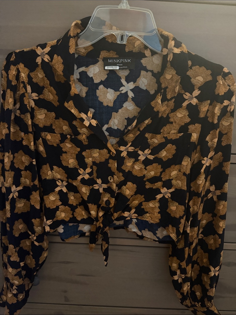 MINKPINK Black and Gold Floral Tie-Front Shirt